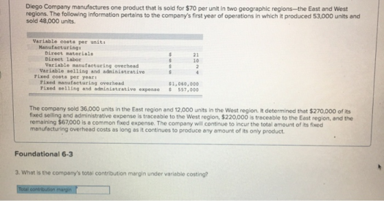 Diego Company manufactures one product that is sold for $70 per unit in two geographic regions--the East and West regions. Th