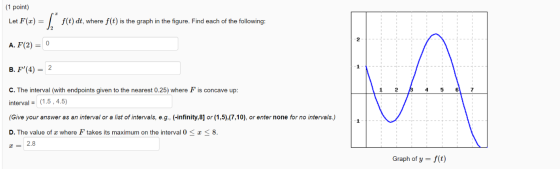 (1 point) Let F(x) = ļ, f(t) dt, where f(t) is the graph in the figure. Find each of the following: 2 A. F(2) = 0 B. F(4) =