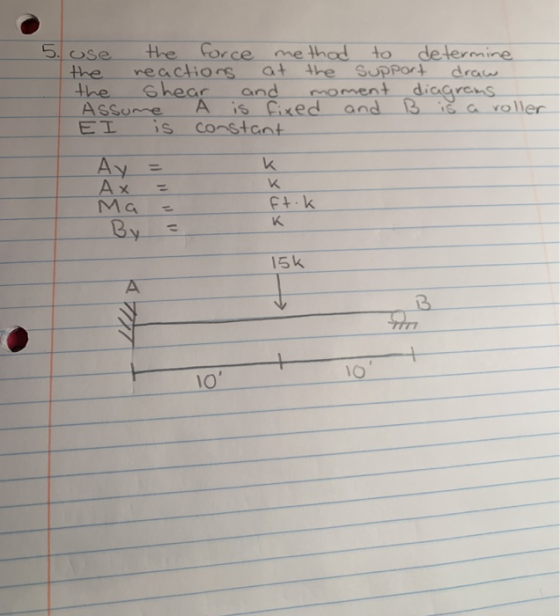 5. use the force method to determine the reactions at the support draw the Shear and moment diagrams. Assume A is fixed and B