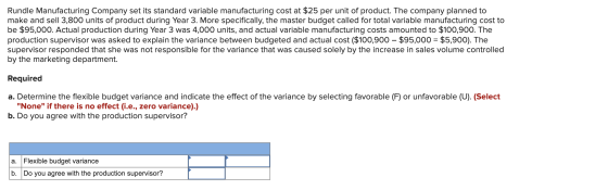 Rundle Manufacturing Company set its standard variable manufacturing cost at $25 per unit of product. The company planned to