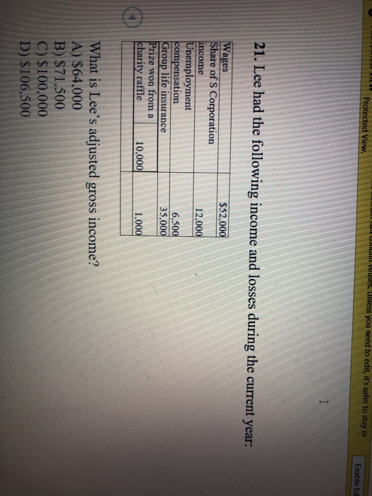 Protected View. viruses. Unless you need to edit, its safer to stay in Enable Ed I 21. Lee had the following income and loss