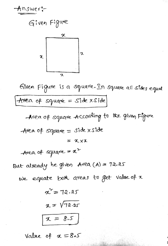 Answer: Given figure Given Figure is a square. În square all sides equal Area of square = Side xSide Area of square According