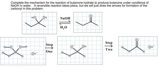 Complete the mechanism for the reaction of butanone hydrate to produce butanone under conditinos of NaOH in water. A reversib