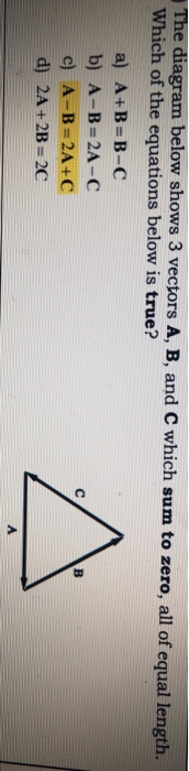 The diagram below shows 3 vectors A, B, and C which sum to zero, all of equal length. Which of the equations below is true? a