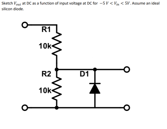Sketch Vout at DC as a function of input voltage at DC for-5 V < Vin < 5V. Assume an ideal silicon diode. R1 10k R2 D1 10k