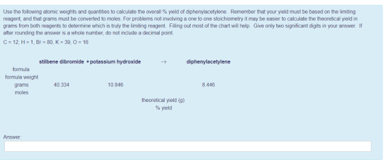 Use the following atomic weights and quantities to calculate the overall % yield of diphenylacetylene. Remember that your yield must be based on the limiting reagent, and that grams must be converted to moles. For problems not involving a one to one stoichiometry it may be easier to calculate the theoretical yield in grams from both reagents to determine which is truly the limiting reagent. Filling out most of the chart will help. Give only two significant digits in your answer. If after rounding the answer is a whole number, do not include a decimal point. C 12, H 1, Br 80, K-39, O 16 stilbene dibromide +potassium hydroxide diphenylacetylene formula formula weight grams moles 40.334 10.846 8.446 theoretical yield (g) % yield Answer