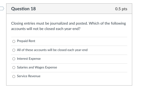 Question 18 0.5 pts Closing entries must be journalized and posted. Which of the following accounts will not be closed each y