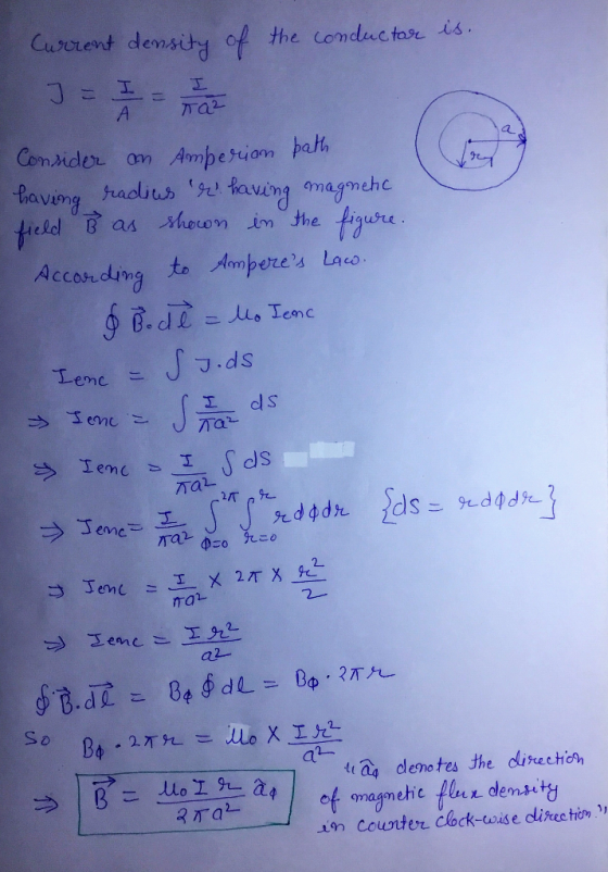 Current density of the conductor is. I = I = at Consider an Amperion bath having radius re having magnetic field B as shown