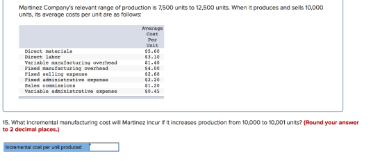 Martinez Companys relevant range of production is 7,500 units to 12,500 units. When it produces and sells 10,000 units, its average costs per unit are as follows Direct materials Direct labor Variable manufacturing overhead Fixed manufacturing overhead Fixed selling expense Fixed administrative expense Sales commissions Variable administrative expense Average Cost Per Unit $5.60 $3.10 $1.40 $4.00 $2.60 $2.20 $1.20 $0.45 15. What incremental manufacturing cost will Martinez incur if it increases production from 10,000 to 10,001 units? (Round your answer to 2 decimal places.) Incremental cost per unit produced