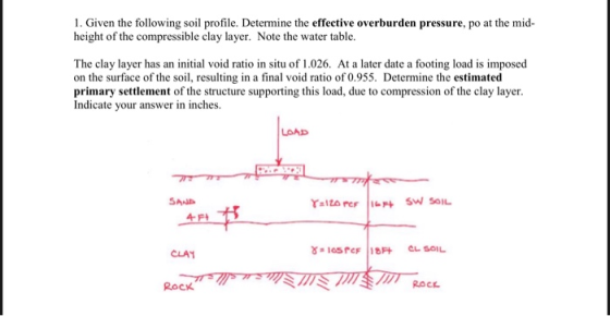1. Given the following soil profile. Determine the effective overburden pressure, po at the mid- height of the compressible c