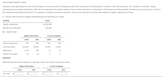 Activity-Based Supplier Costing Clearsound uses Alpha Electronics and La Paz Company to buy two electronic components used in