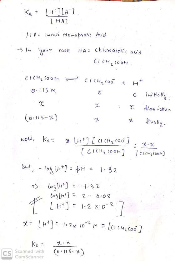 Ka [H][A-] 1 НА 1 HA= Wewe Monoprotic Aid :-) In your case HA= Chlowacetic aud Ć I CM, 100l. = CICH₂COOH 0.115 M. CI CH₂cou +
