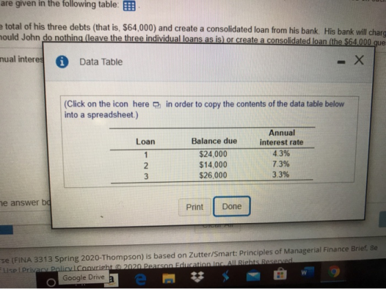 are given in the following table: :: e total of his three debts (that is, $64,000) and create a consolidated loan from his ba
