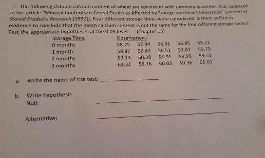 The following data on calcium content of wheat are consistent with summary quantities that appeared in the article Mineral C