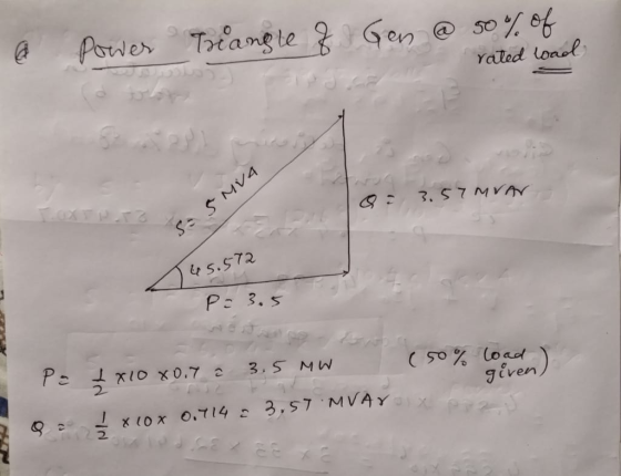 @ Power Trangle of Gen @ 50% of rated load Q: 3.57MVAN, S= 5 MVA 45.572 P= 3.5 (50% load , MW l 3.5 P = 1x1080.7 1xcox 0.714