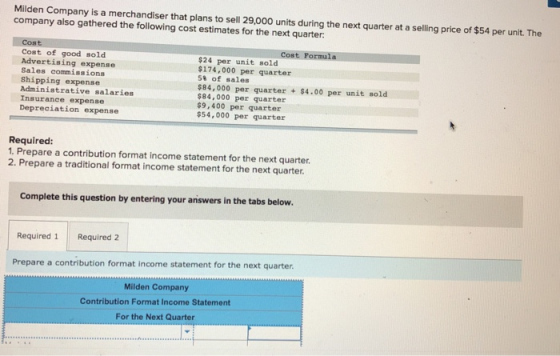 Milden Company is a merchandiser that plans to sell 29,000 units during the next quarter at a selling price of $54 per unit. The company also gathered the following cost estimates for the next quarter Cost Cost of good sold Advertising expense Sales commissions Shipping expense Administrative salaries Insurance expense Depreciation expense Cost Formula $24 per unit sold $174,000 per quarter 5% of sales $84,000 per quarter $4.00 per unit sold $84,000 per quarter $9,400 per quarter $54,000 per quarter Required: 1. Prepare a contribution format income statement for the next quarter 2. Prepare a traditional format income statement for the next quarter. Co mplete this question by entering your answers in the tabs below. Required 1 Required 2 Prepare a contribution format income statement for the next quarter. Milden Company Contribution Format Income Statement For the Next Quarter