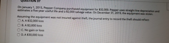 QUESTION 37 On January 1, 2015, Pepper Company purchased equipment for $32,000. Pepper uses straight line depreciation and es