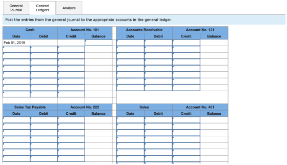 General Journal General Ledgers Analyze Post the entries from the general journal to the appropriate accounts in the general