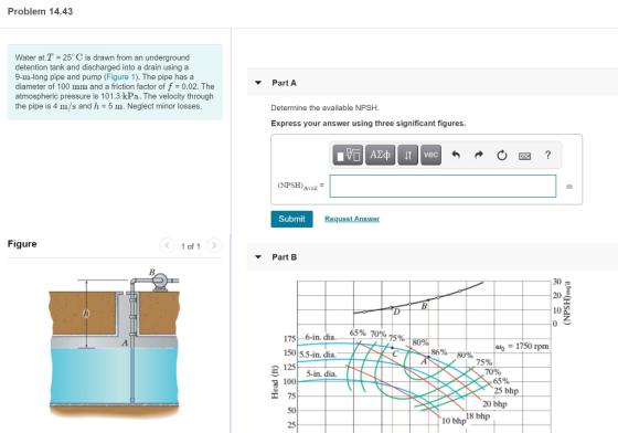 Problem 14.43 Water at T = 25°C is drawn from an underground detention tank and discharged into a drain using a 9-in-long pip