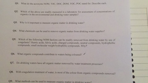 01. What do the acronyms NOM. TOC, DOC. DOM. VOC, POC stand for. Describe each 02. Which of the above are readily measured in