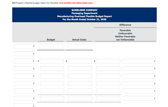 (b) Prepare a flexible budget report for October. (List variable costs before fixed costs.) BUMBLEBEE COMPANY Packaging Depar