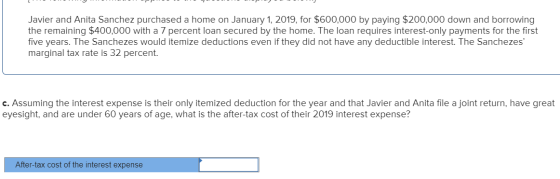 Javier and Anita Sanchez purchased a home on January 1, 2019, for $600,000 by paying $200,000 down and borrowing the remainin