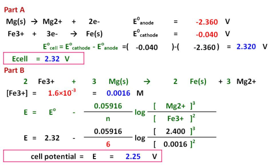 Part A Mg(s) + Mg2+ + 2e- E anode = -2.360 V Fe3+ + 3e- → Fe(s) Ecathode = -0.040 V Eºcell = Eºcathode - E°anode = ( -0.040 )