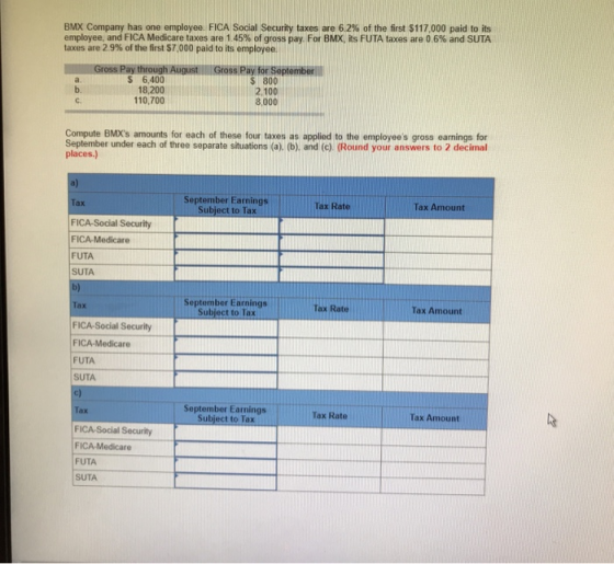BMX Company has one employee, FICA Social Security taxes are 6.2% of the first S 117,000 paid to its employee,and FICA Medica