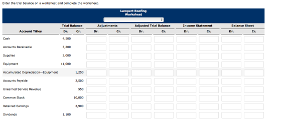Enter the trial balance on a worksheet and complete the worksheet. Lampert Roofing Worksheet Adjustments Adjusted Trial Balan