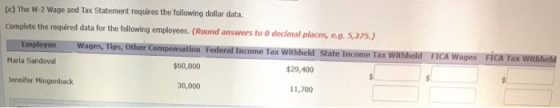 (c) The W-2 Wage and Tax Statement requires the following dollar data. Complete the required data for the following employees