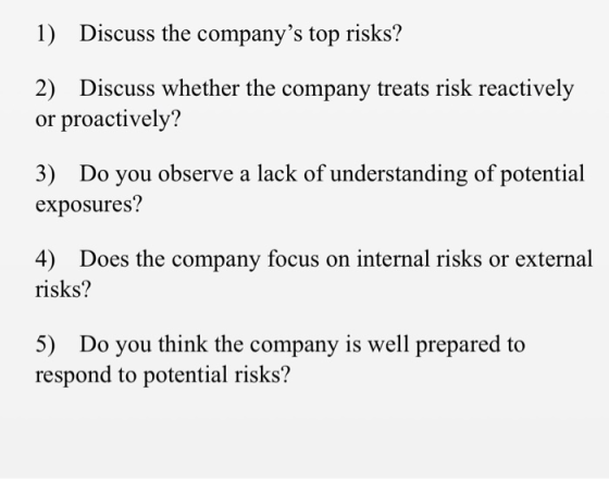 1) Discuss the companys top risks? 2) Discuss whether the company treats risk reactively or proactively? 3) Do you observe a