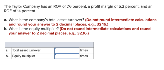 The Taylor Company has an ROA of 7.6 percent, a profit margin of 5.2 percent, and an ROE of 14 percent. a. What is the compan