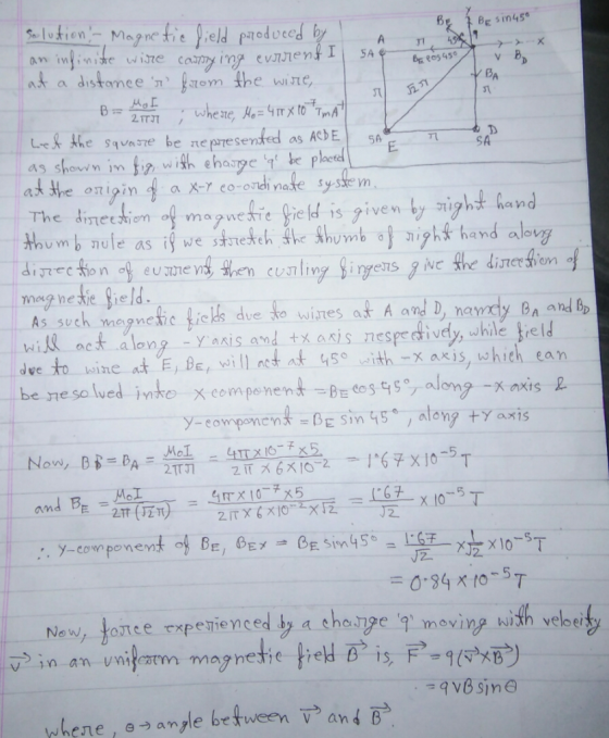 Be sim45 at a distameeom the wine 兀 e diesiem of mazvesie field isgiven by sight hand wilk act along -Yasis and txasisnespedtively, while freld I dve-to-line at oE) be, will act at 45。with-X axis, which ean bene so lved into X componen-Becos4S。T along-Xaxis Now, B x10-5 . y-co ponen t o = 0.34 x.ro_5T New/ joJtee xpenleneed.by a thayo ,9, moving with veloerb 7Tee でxpejienced.by a chc-7e 9、movipz With veloeity when e , e → angle between , and Bs