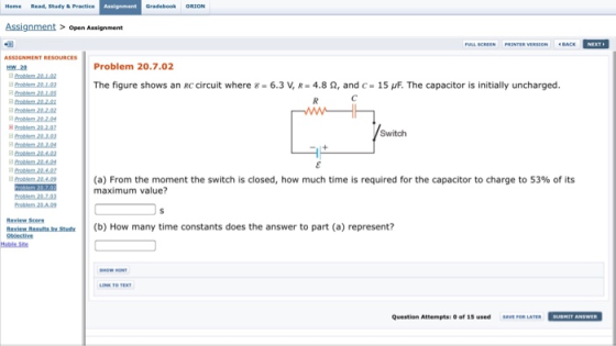 Mome Resd Study & Practice Assignment> Open Assignment 쁘-끄 Problem 20.7.02 Problem 20 10 The figure shows an Rc circuit where