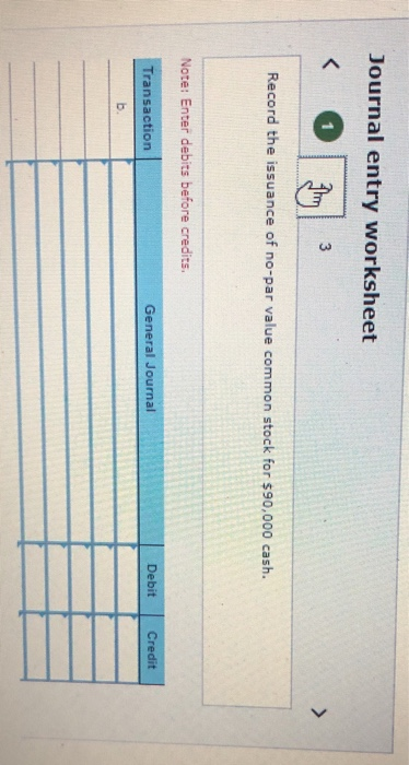 Journal entry worksheet < 3 Record the issuance of no-par value common stock for $90,000 cash. Note: Enter debits before cred