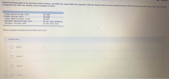 Skybird has forecast sales for the next three months as follows: 4.000 units, August 6.000 units, September 7.500 is projecte