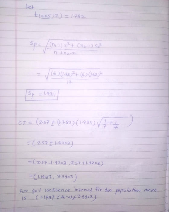 et t(0.0512) = 1.782 (31-1) 5,² + (02-1) 5₂² nith2-2 (6) (1.35)² + (6) (0-62) 2 Sp = 1.4911 CI = (2.57 + (782)(19911) V7th =(