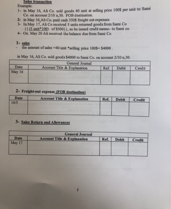Sales transaction Example: 1- in May 16, Ali Co. sold goods 40 unit at selling price 100$ per unit to Sami Co. on account 2/1