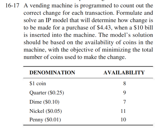 16-17 A vending machine is programmed to count out the correct change for each transaction. Formulate and solve an IP model t