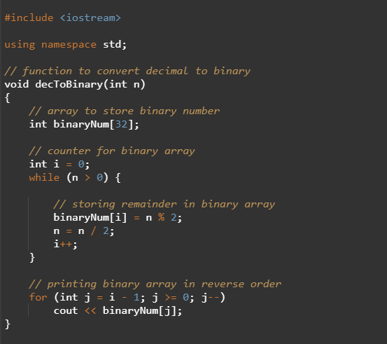#include <iostream> using namespace std; // function to convert decimal to binary void decToBinary(int n) { // array to store
