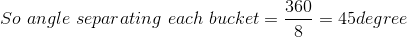 So\ angle\ separating \ each\ bucket = \frac{360}{8} =45 degree