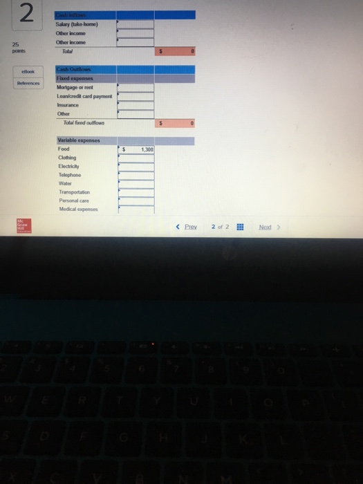 2 Salary (Qtake home) Other income Other income Morlgage or rent Loankcredit card payment Total fxed outlows Variable expenses Food 1,300 Personal care Medical expenses Prey 2 of 2 Nod