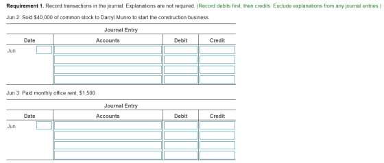 Requirement 1. Record transactions in the journal. Explanations are not required. (Record debits first, then credits. Exclude