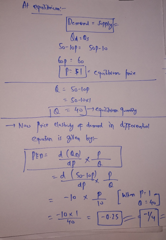 At equilibrium! - Demand = Supply Od zos So-lop- Sop-lo top 6o TP:$je equitibium price Q = 50-lop - 50-lox! 10 = 40 equilitio