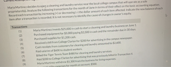 Maria Martinez decides to open a cleaning and laundry service near the local college campus that will operate as a sole propr