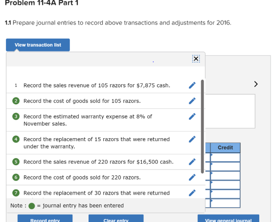 Problem 11-4A Part 1 1.1 Prepare journal entries to record above transactions and adjustments for 2016. View transaction list X: 1 Record the sales revenue of 105 razors for $7,875 cash. 2Record the cost of goods sold for 105 razors. Record the estimated warranty expense at 8% of November sales. 4 Record the replacement of 15 razors that were returned under the warranty. 5 Record the sales revenue of 220 razors for $16,500 cash. 6 Record the cost of goods sold for 220 razors. 7Record the replacement of 30 razors that were returned Note:-journal entry has been entered Credit Record entry Clear entry View general iournal