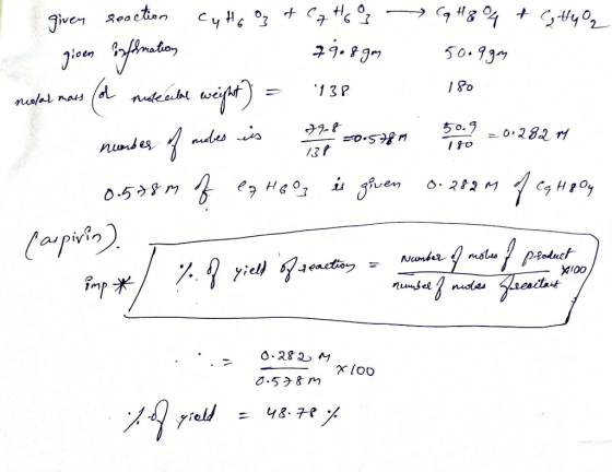 79-8 0. 9 -0.578 M = 0.292 ry 13 given seaction cyhoog & C hoq Cq H8O4 + (atteo given Exflration 7908gm 50.9gm nuolal mass (o
