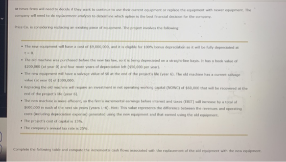 At times firms will need to decide if they want to continue to use their current equipment or replace the equipment with newe