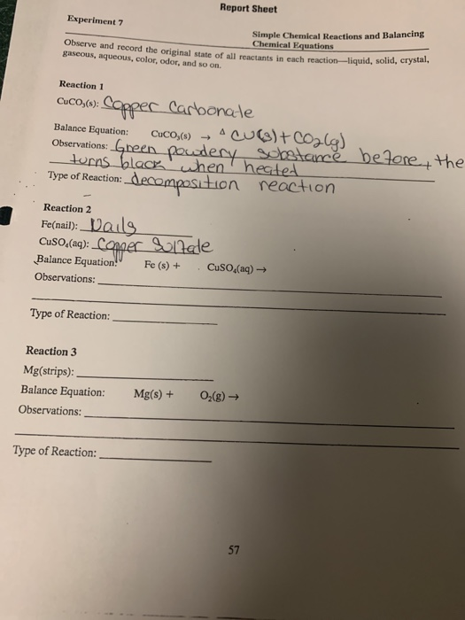 Report Sheet Experiment Observe and record the original state of all gaseous, aqueous, color, odor, and so on. Simple Chemica