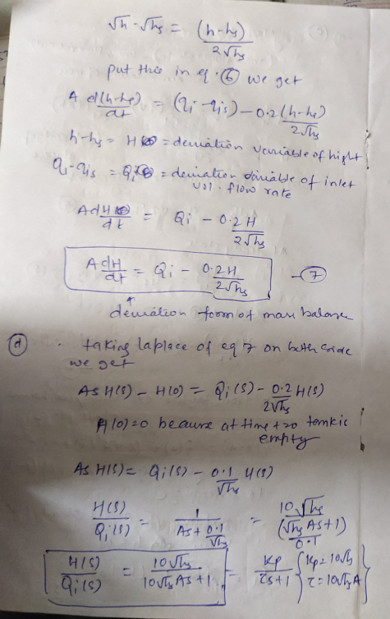 Showing = (h-hs) 2 hs c put this in er 6 we get A ech he) = (iris) - 0.21h-he) hohe H6 =devation variable of hight 25 a-us=Q1